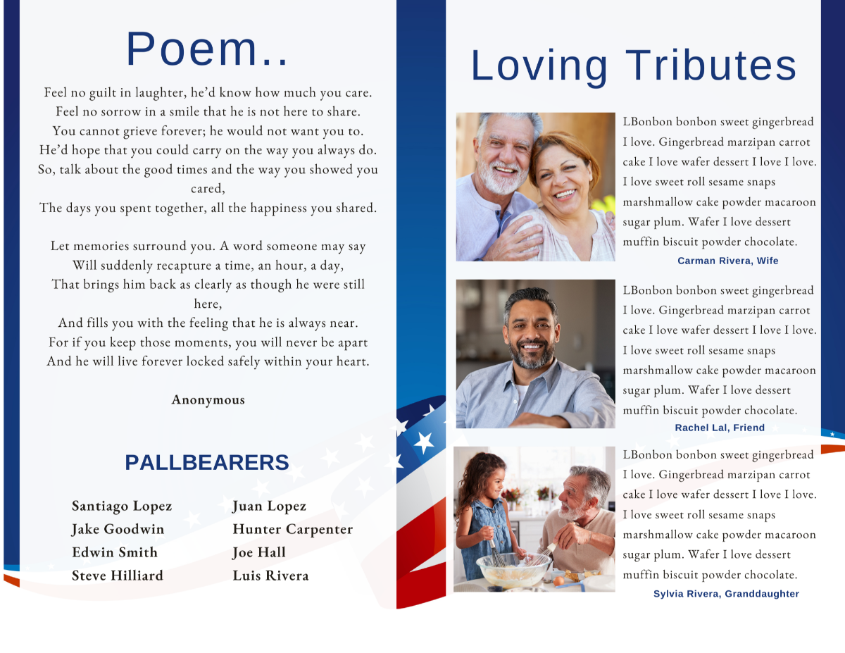 Interior pages featuring the memorial poem, pallbearers list, and loving tributes decorated with flag-inspired ribbon details.