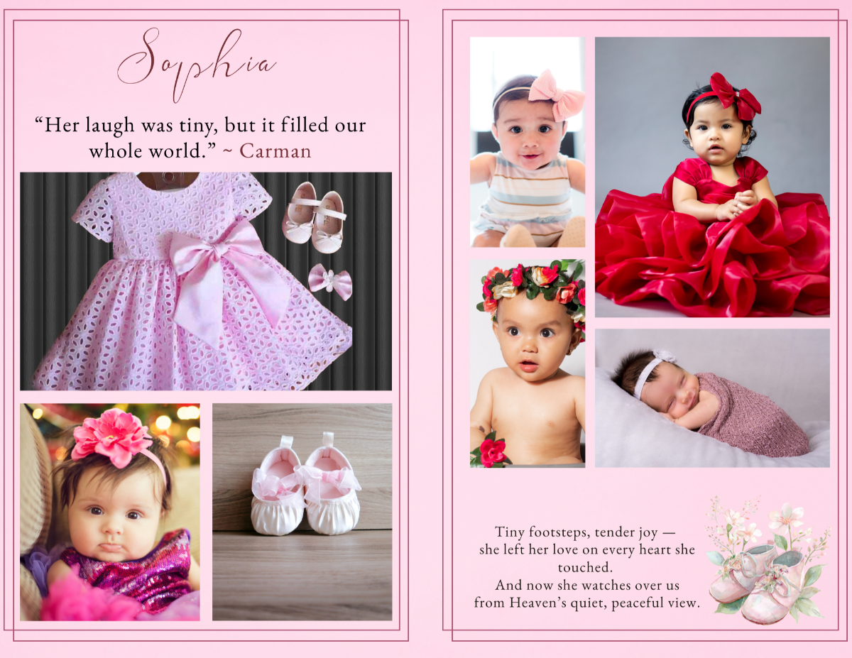 Full photo collage spread featuring baby portraits, dress and shoes keepsakes, and soft pink floral artwork arranged in a gentle, child-friendly layout.