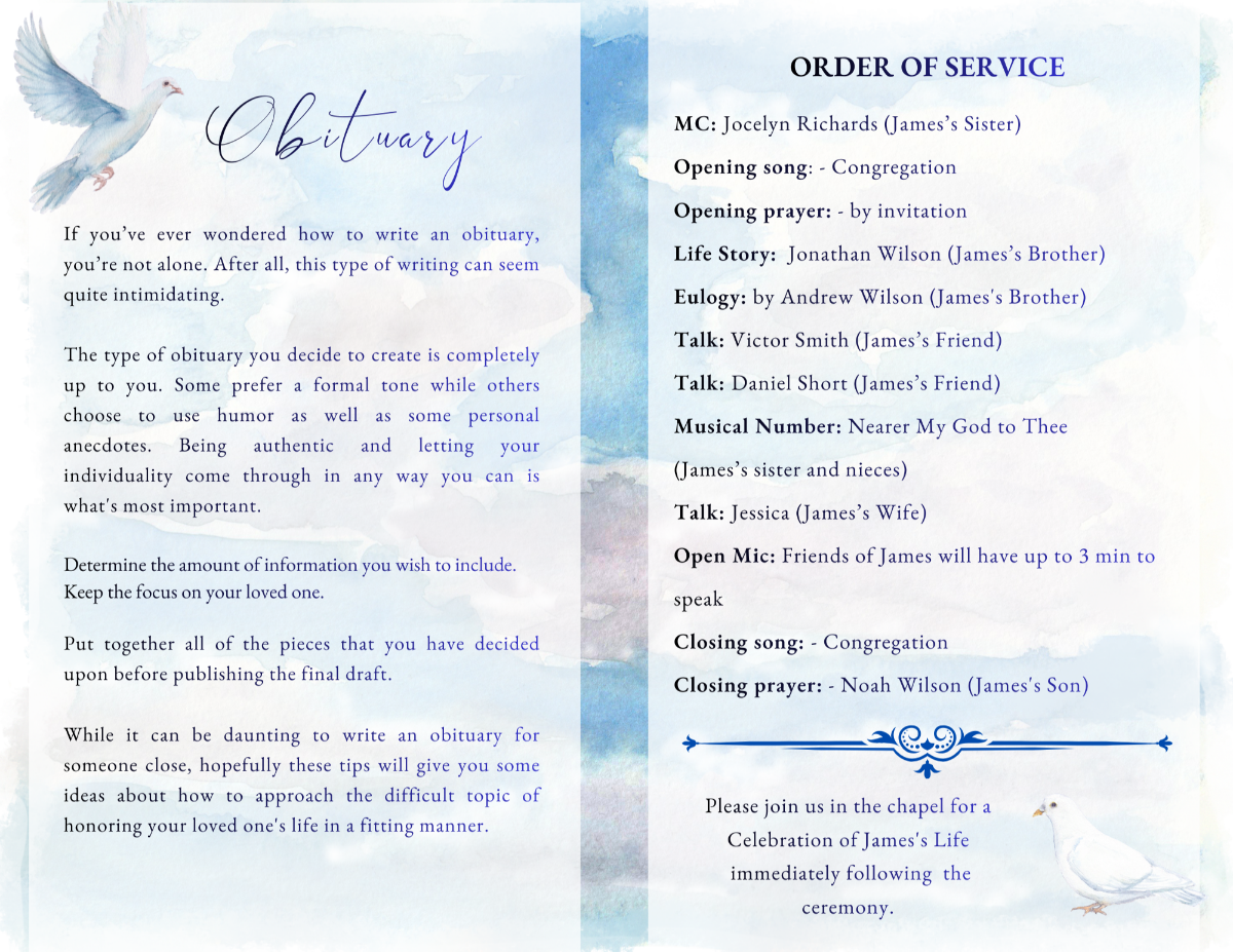 Obituary and order of service pages featuring soft watercolor ocean textures, seagull illustration accents, and structured sections for honoring a life with dignity.