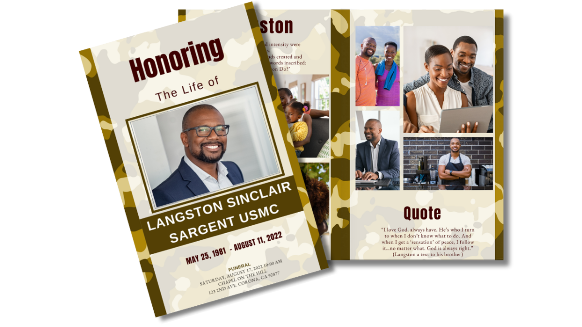 Program spread showing front and back pages with thank you message, memorial poem, and main tribute photo in coordinating camouflage design.