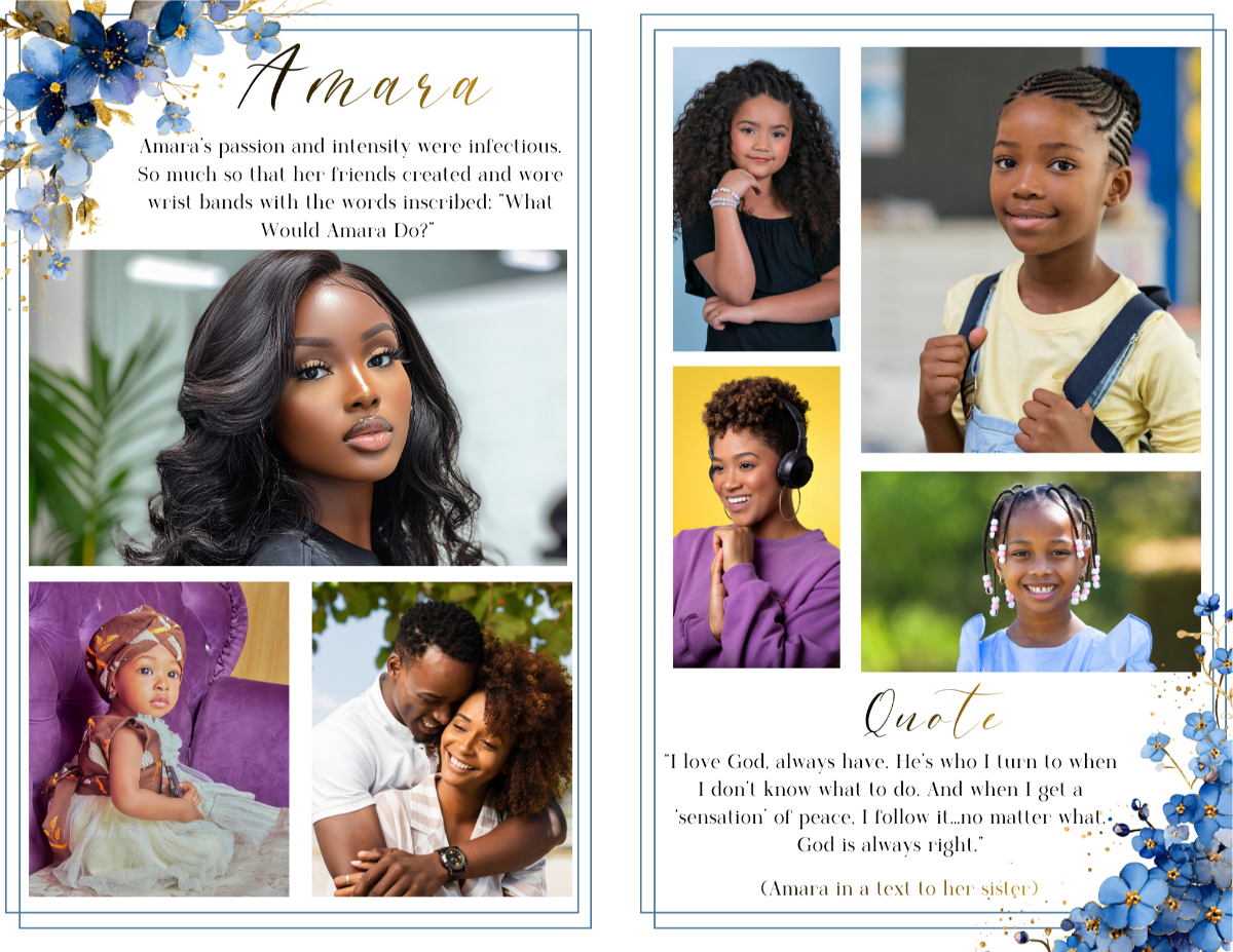 Photo collage tribute spread featuring childhood, family, and adult portraits arranged in clean framed layouts with vibrant blue forget-me-not floral accents.