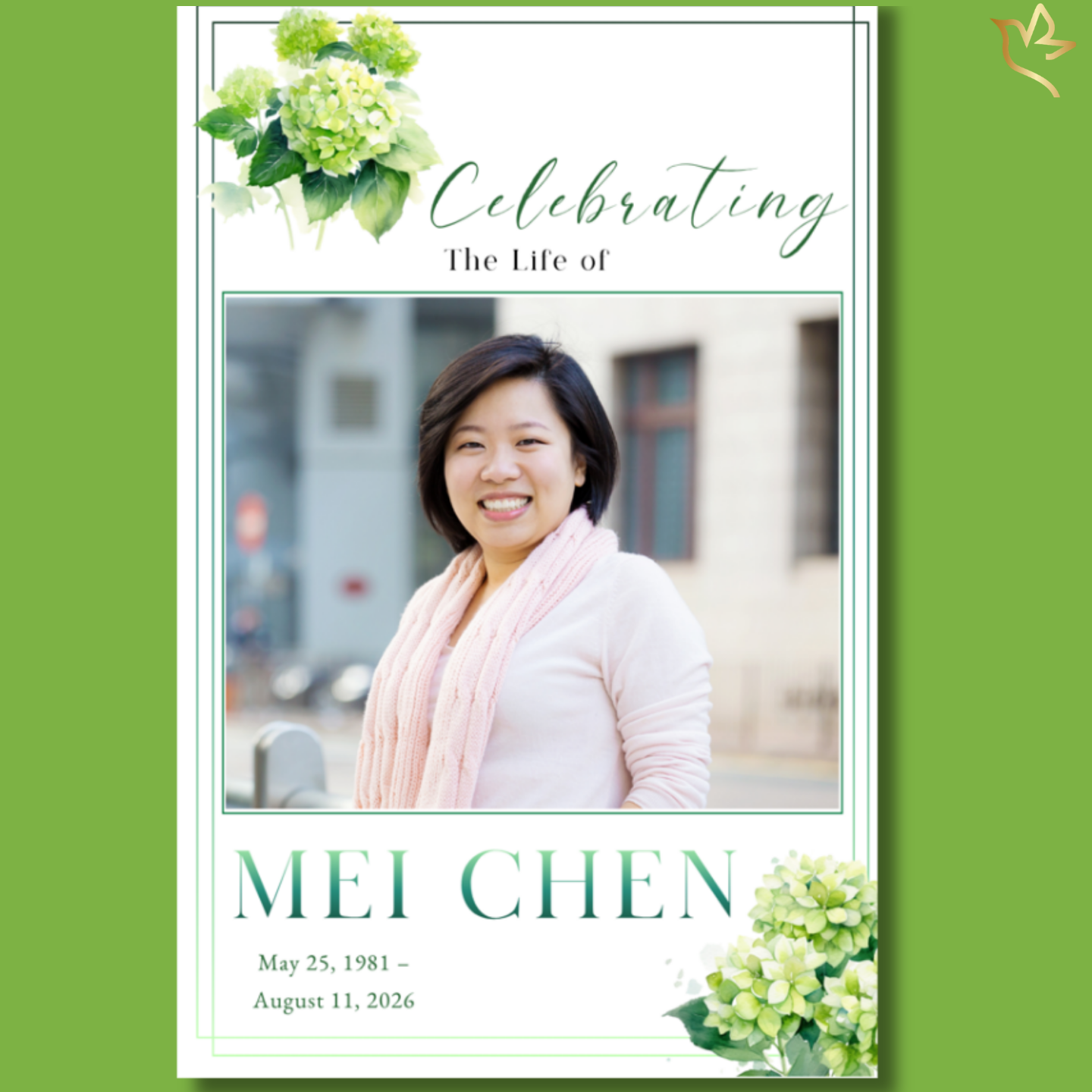 Elegant women's funeral program featuring soft white backgrounds, watercolor hydrangeas, delicate green accents, and a graceful portrait layout designed to celebrate a beloved mother, grandmother, sister, daughter, or friend.