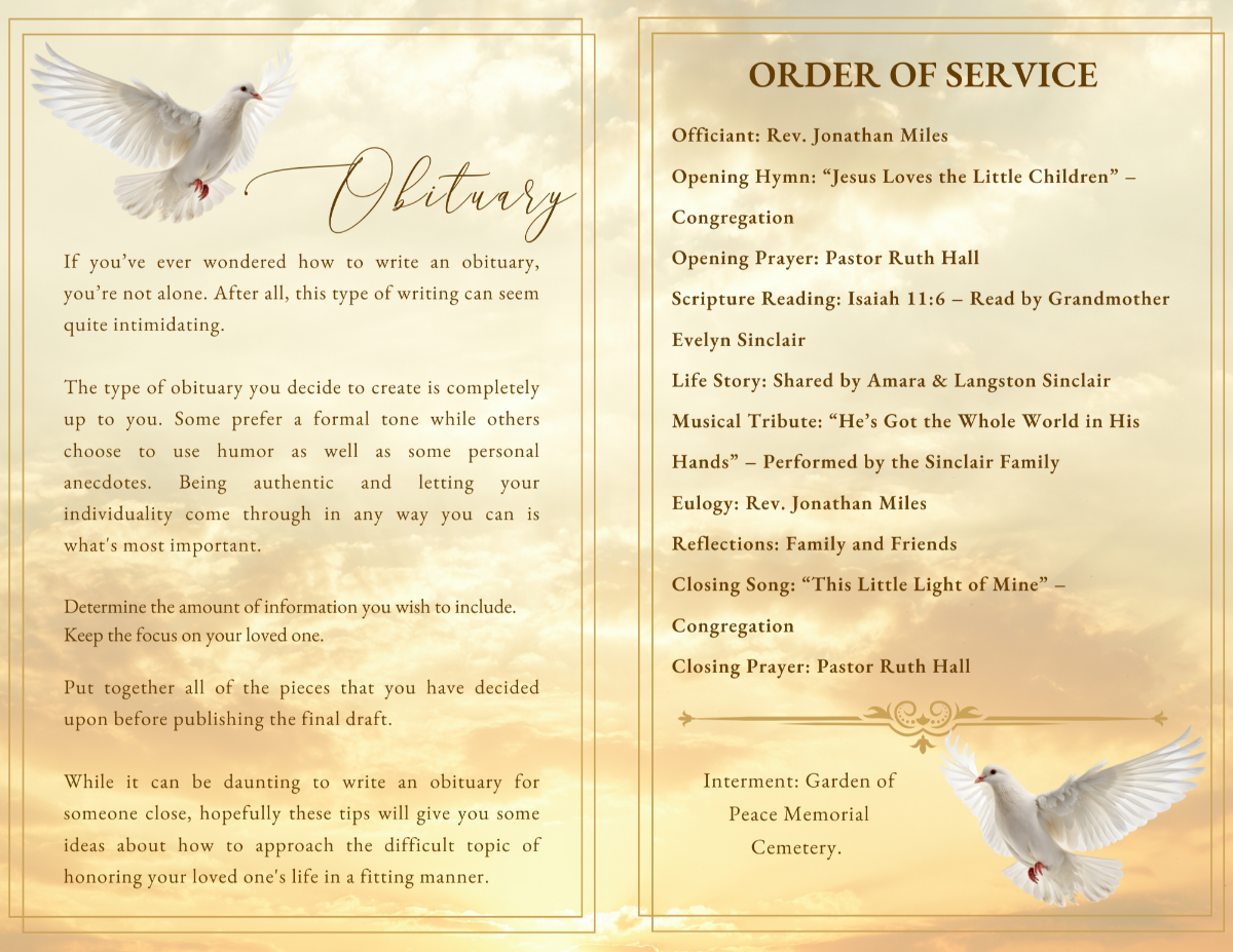 Obituary and order of service pages with gold sky background, dove illustration, organized text sections, and elegant thin gold borders.