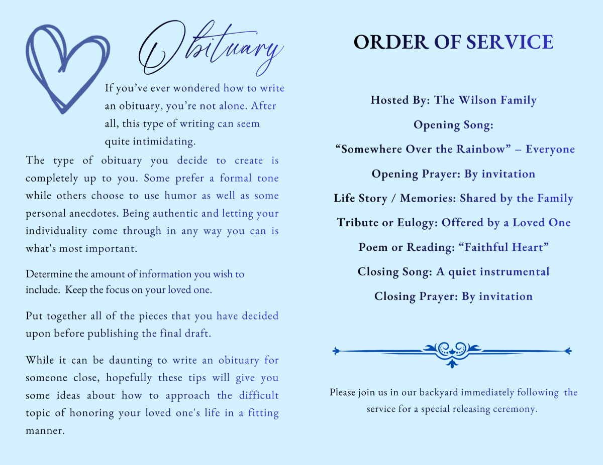 Obituary and Order of Service pages with soft blue backgrounds, heart illustrations, and structured sections for sharing a beloved dog’s story and memorial details.