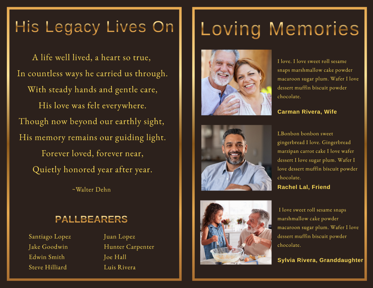 Memorial pages featuring the original poem His Legacy Lives On, pallbearer information, family photographs, and heartfelt tributes honoring a beloved man.