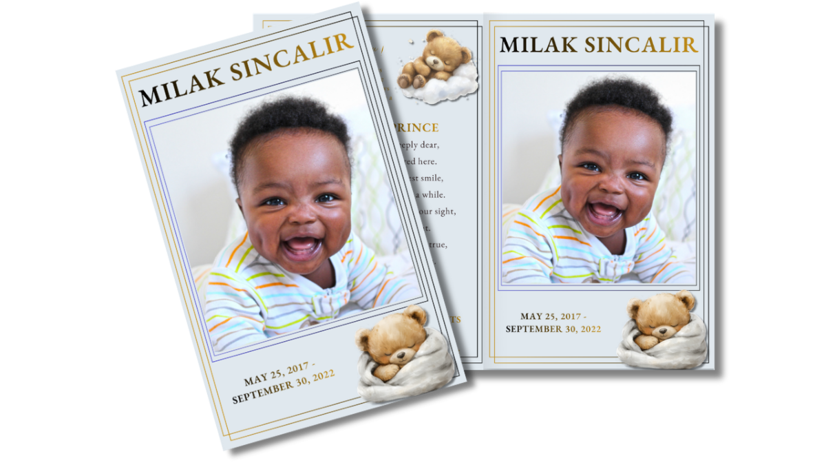 Front cover featuring a smiling baby boy with soft gold accents alongside an open interior spread displaying photos and heartfelt content in a warm, child-focused design.