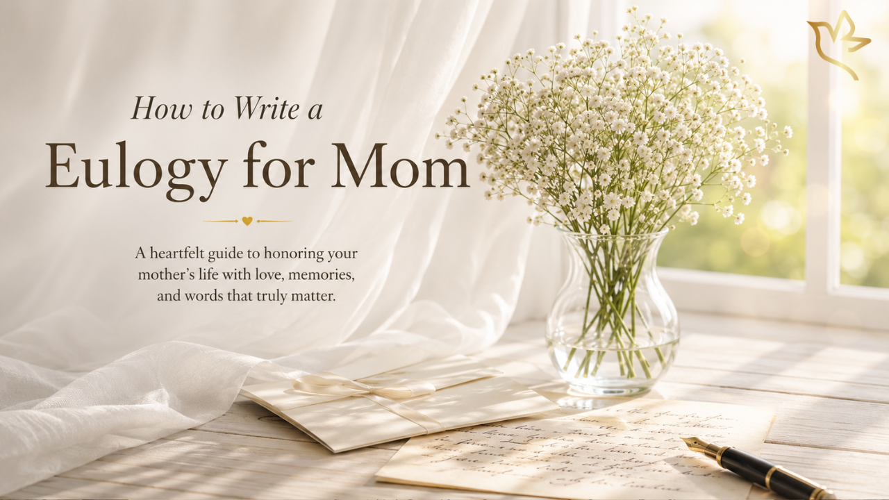 Soft morning light shining through white curtains beside baby's breath flowers, a handwritten letter, and fountain pen illustrating a heartfelt guide to writing a eulogy for mom.