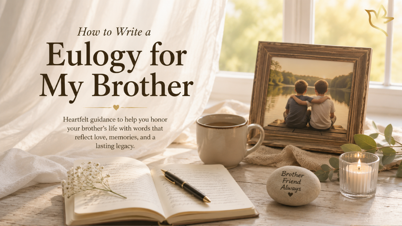 How to Write a Eulogy for My Brother guide with an open journal, framed photograph of brothers, candle, and keepsakes in soft memorial lighting.