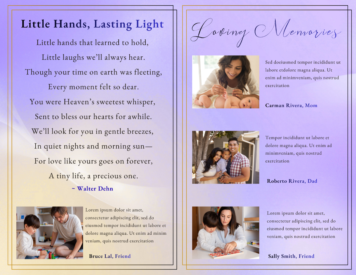 Memorial pages featuring comforting poetry, family reflections, cherished photographs, and heartfelt memories celebrating the joy, innocence, and love of a precious child.