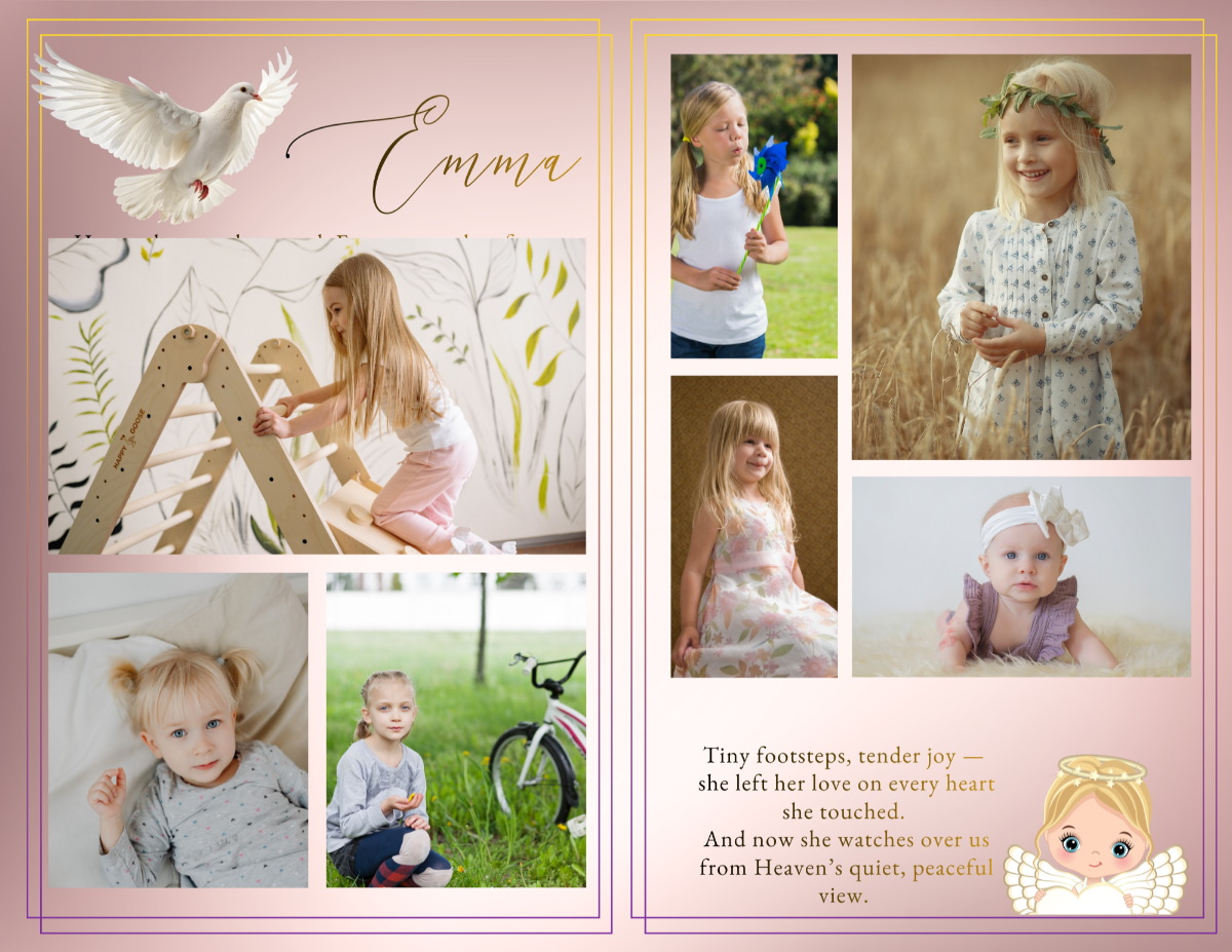 Photo collage tribute spread displaying multiple childhood photos arranged in soft gallery layouts with blush tones and angel illustration accents.