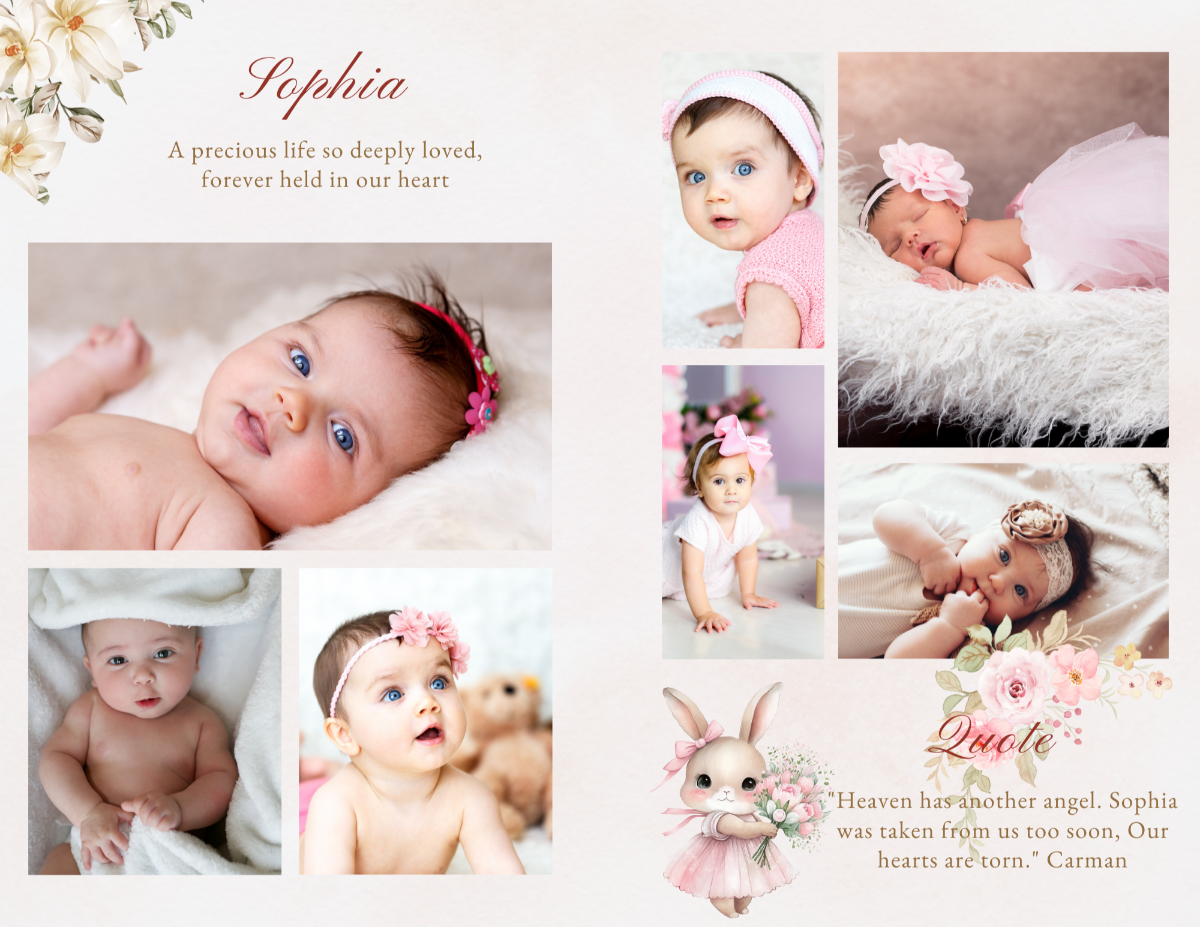 Photo collage page with multiple baby photos, floral corners, ballerina bunny illustration, and memorial quote—part of the Ballerina Bunny child memorial program.