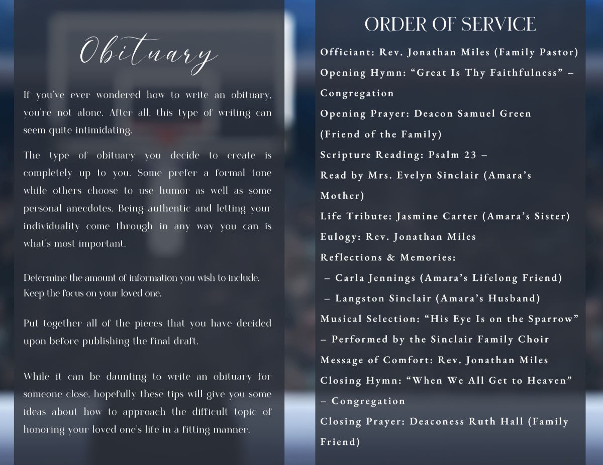 Interior obituary and order of service pages presented in a clean, graceful layout with soft script headings and refined memorial typography.