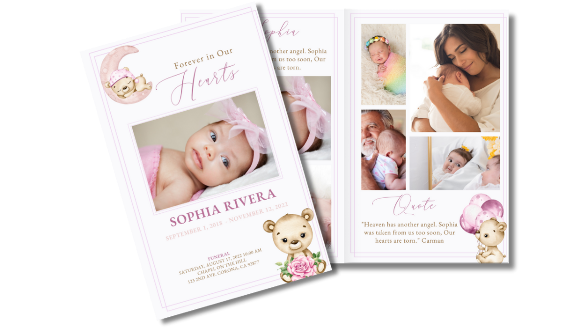 Baby girl funeral program template with pink tones and teddy bear illustrations. Front cover features a photo framed by a sleeping bear and floral accents; back cover includes a thank-you message and comforting poem, creating a tender keepsake of love and remembrance.