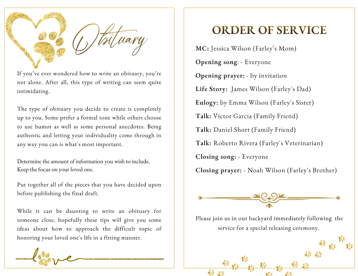 Two-page spread with obituary text and order of service, styled with elegant gold details and clean, easy-to-read formatting.