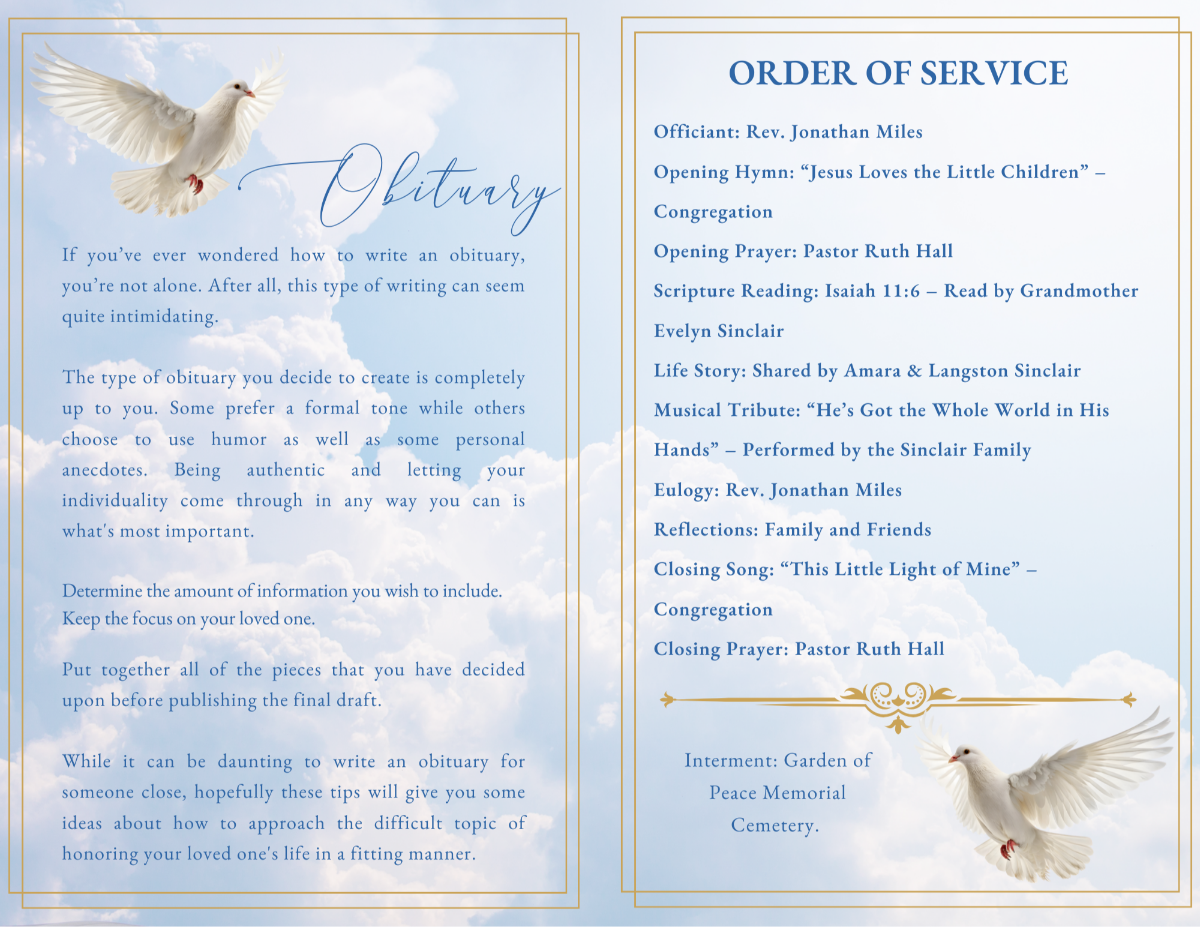 Obituary page with white dove artwork and gentle cloud backdrop, alongside the Order of Service layout in matching blue-and-gold theme.