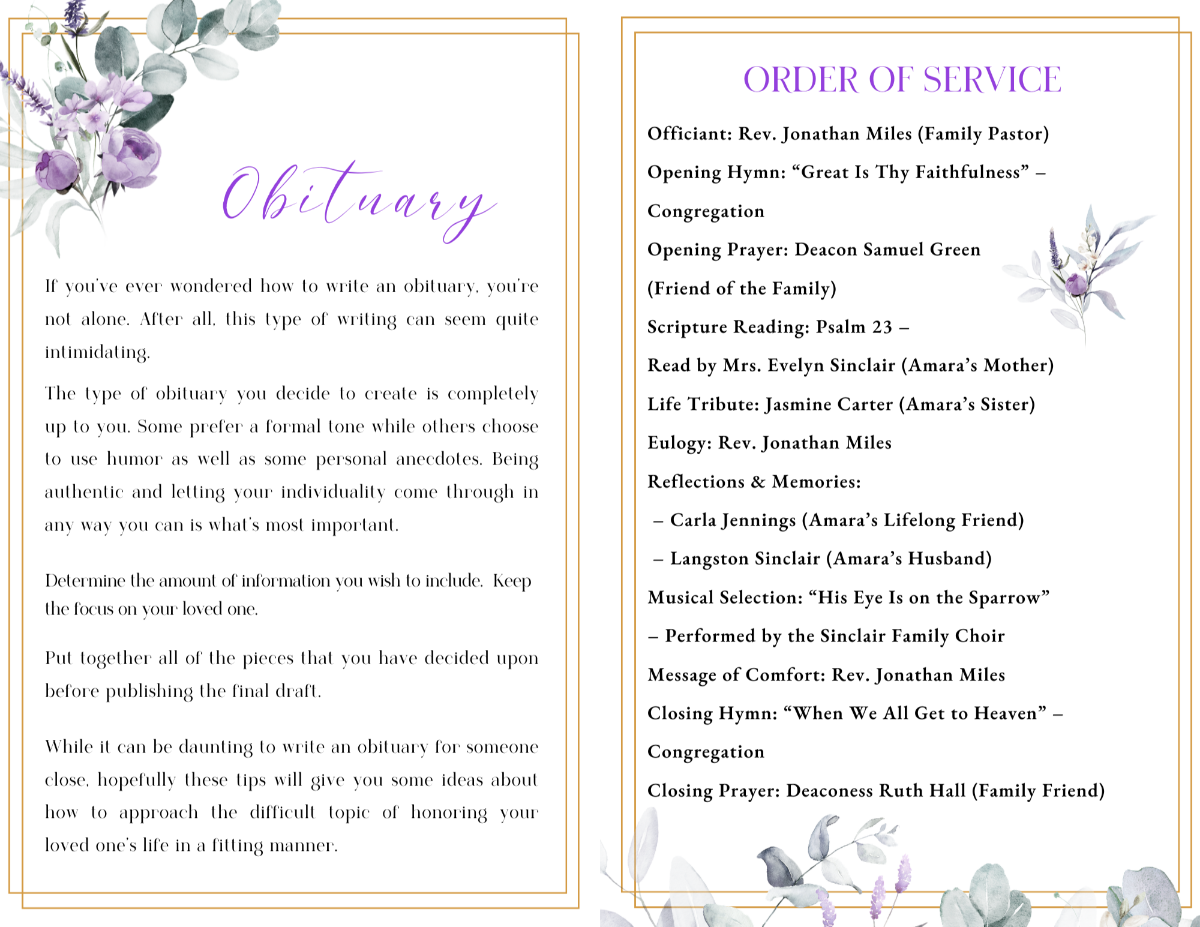 Obituary and Order of Service pages featuring structured memorial sections with soft lavender florals and eucalyptus greenery framing the text.