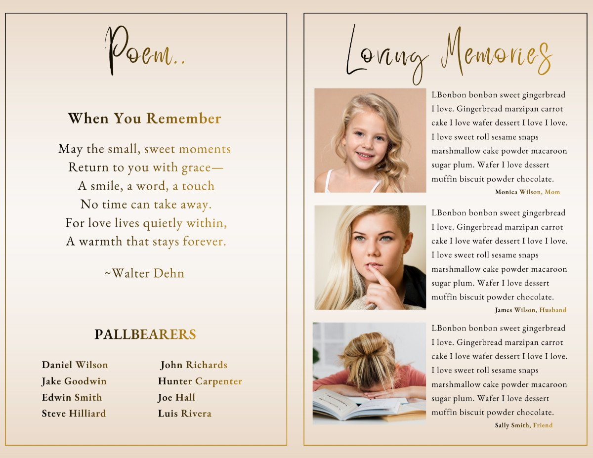 Poem and loving memories pages with portrait photos and written tributes arranged in balanced columns with soft neutral tones and elegant script headings.