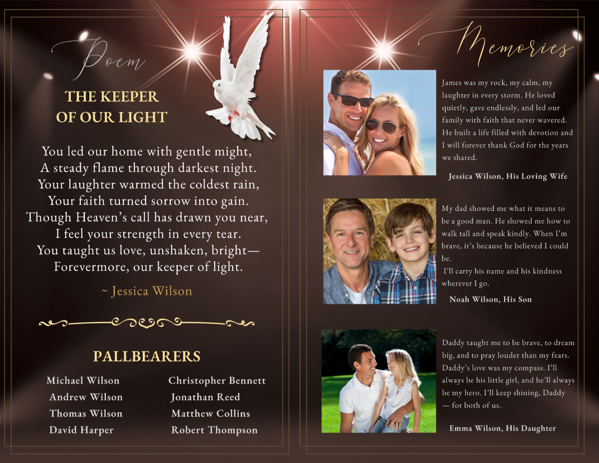 Poem and memories spread with white dove artwork, tribute messages from family members, and structured photo placement set against a rich bronze background with gold accents.