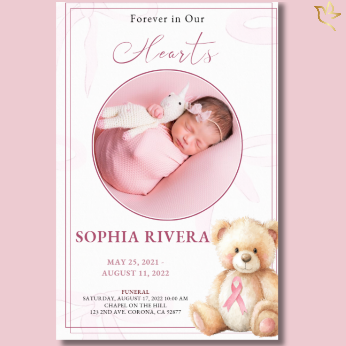 Thumbnail preview of the Soft Baby Blossom child funeral program with blush-pink background, teddy-bear ribbon artwork, and framed newborn portrait.