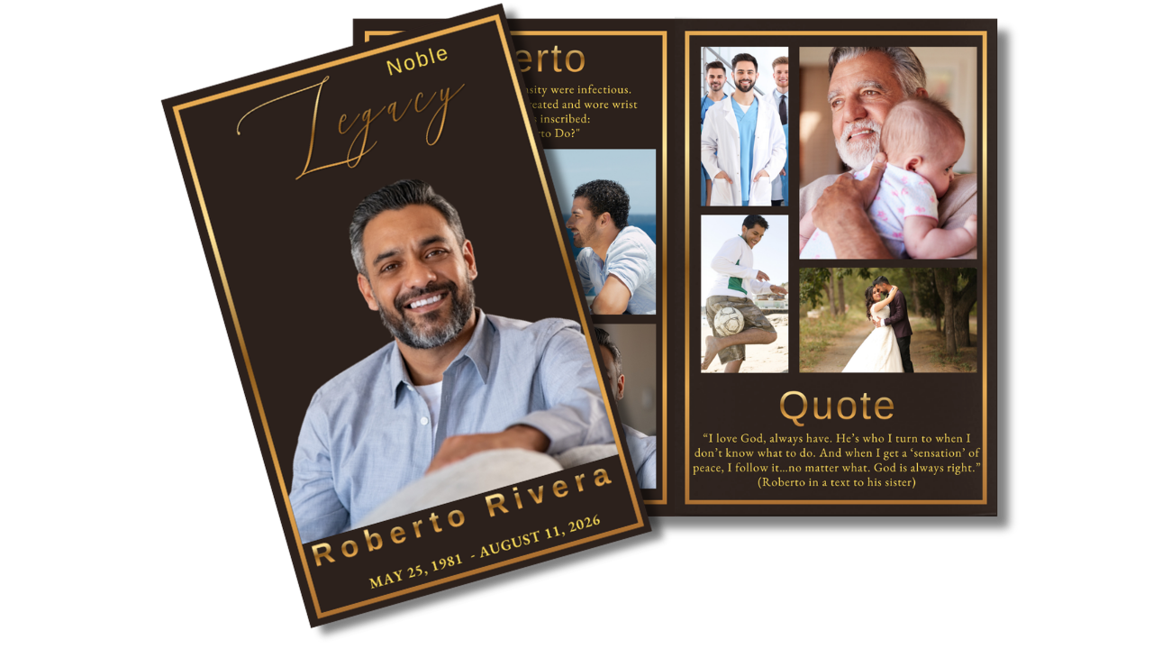 Browse funeral program templates for men featuring editable Canva designs with matching interior pages
