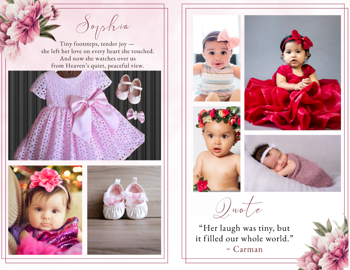 Full photo collage spread featuring multiple baby portraits, sweet mementos, and soft pink floral accents to highlight cherished memories.