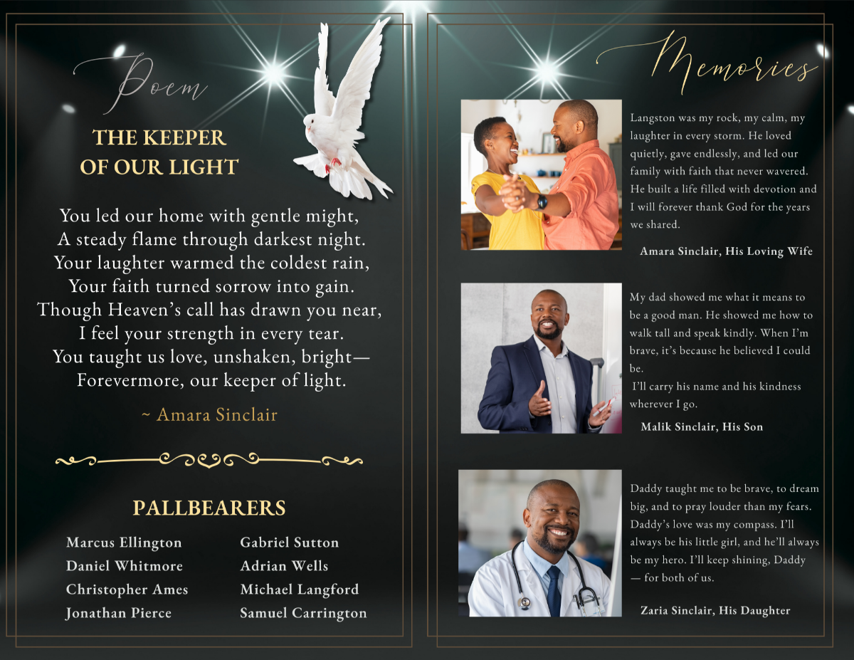 Poem and memories spread with white dove artwork, tribute messages from family members, and structured photo placement set against a rich onyx background with gold accents.