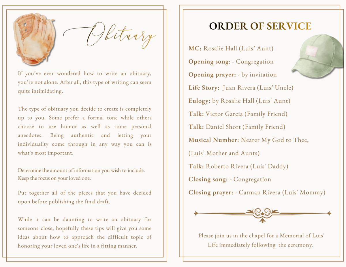 Elegant obituary and funeral service pages featuring baseball-inspired illustrations, warm typography, and a peaceful layout created for honoring a beloved child.