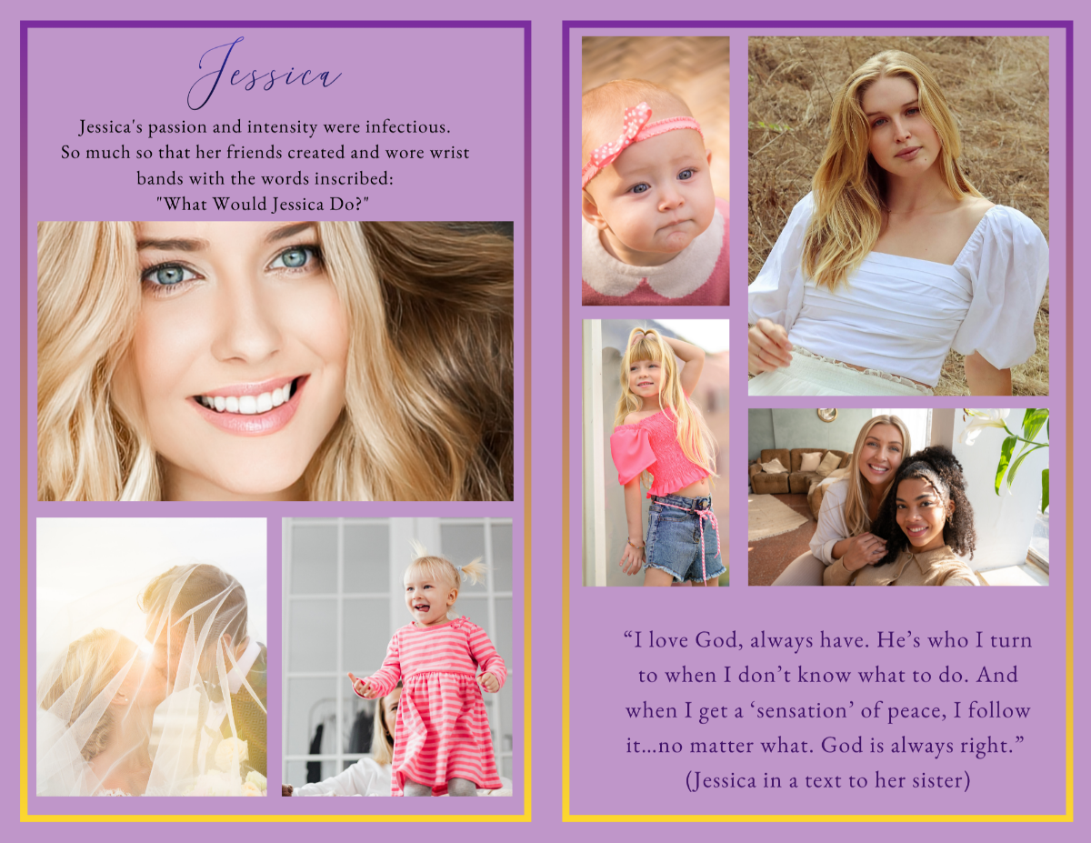 Radiant Legacy funeral program interior pages featuring elegant photo collages, family photographs, life highlights, personal quotes, and cherished memories celebrating a beloved woman.