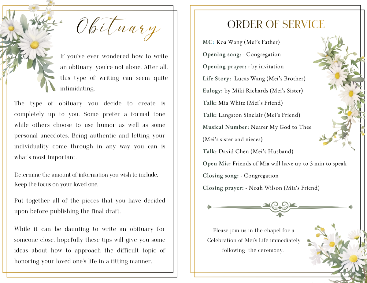 Obituary and Order of Service pages featuring structured sections, elegant script headings, and soft daisy floral accents framing the memorial text.