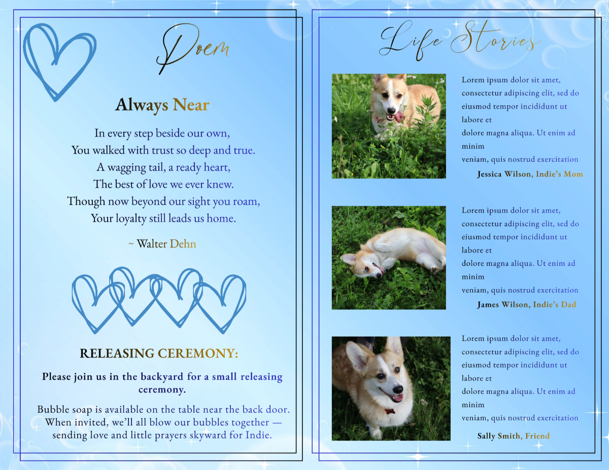 Poem and releasing ceremony page featuring the “Always Near” poem with decorative heart accents and instructions for a bubble releasing ceremony in remembrance of a beloved dog.