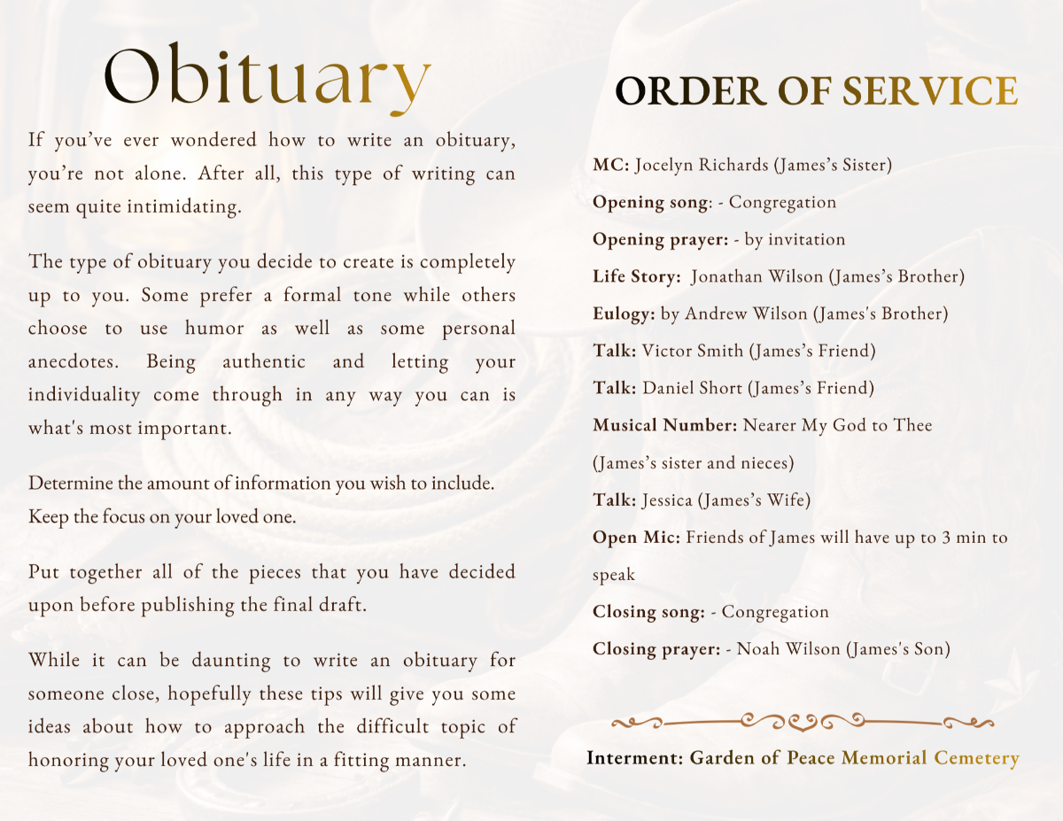 Interior pages displaying obituary text and order of service, styled with clean lines and warm tones for a grounded, respectful reading experience.