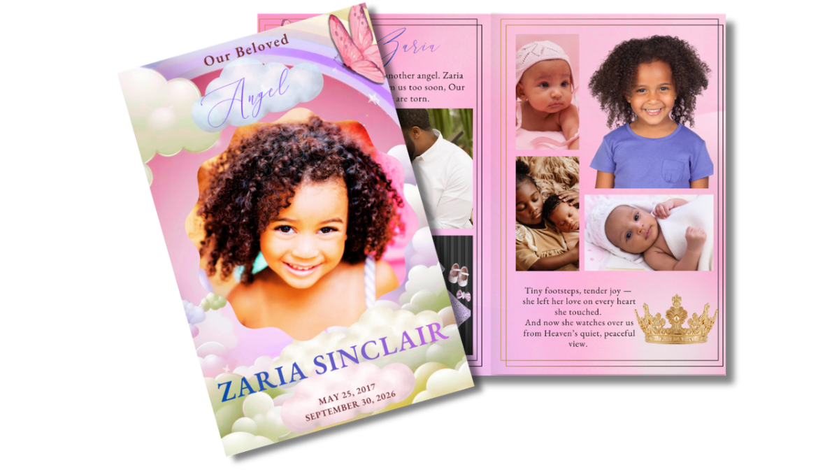 Front cover featuring a smiling child surrounded by soft clouds and a rainbow, paired with an open interior layout showing coordinated pages for memories, photos, and tributes.