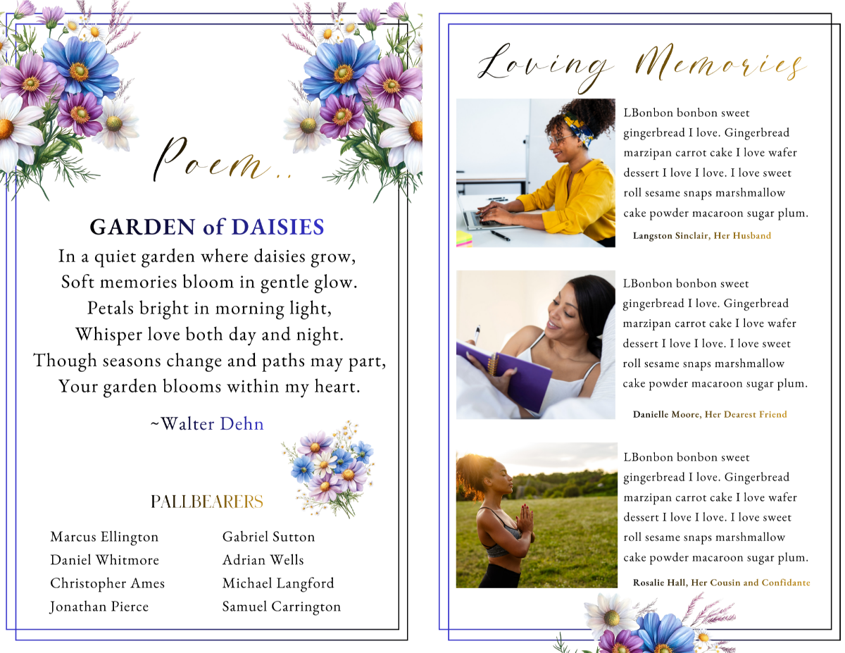 Poem and Loving Memories pages featuring the poem “Garden of Daisies” alongside tribute messages and portrait photography within delicate floral borders.
