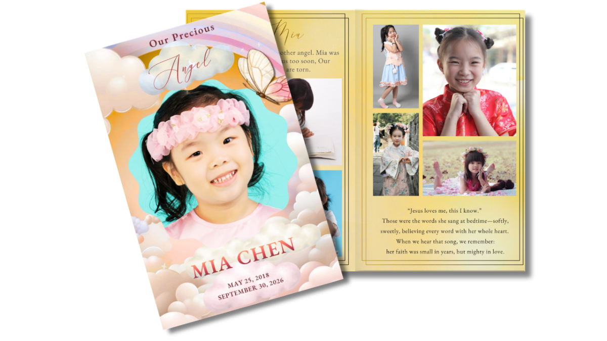 Front cover featuring a smiling child surrounded by soft clouds and a rainbow, paired with an open interior layout showing coordinated pages for memories, photos, and tributes.