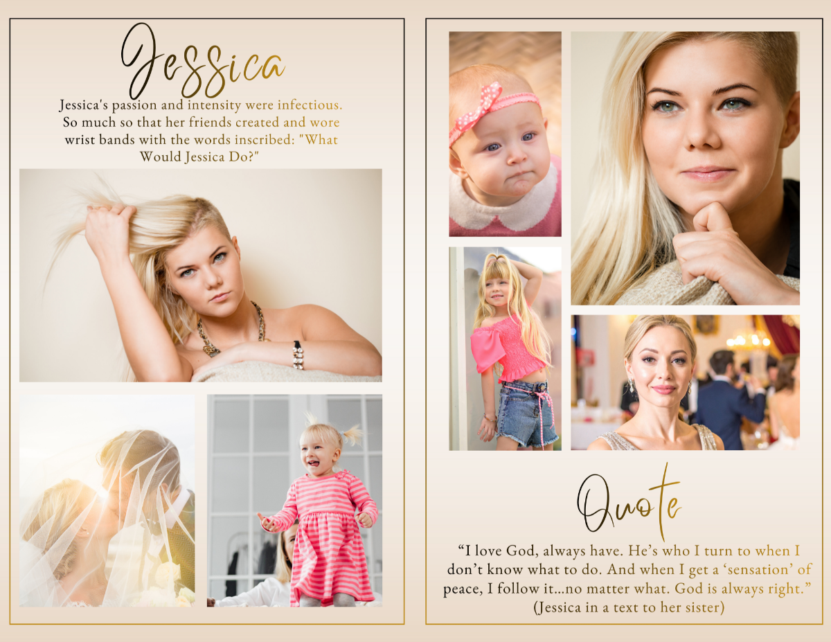 Photo collage and life celebration pages displaying childhood, family, and adult portraits alongside meaningful quotes in a timeless ivory and gold layout.