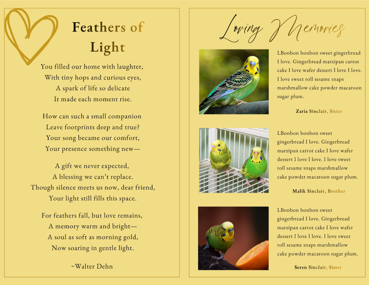 Poem page paired with loving memories section featuring bird photos and heartfelt tributes from family members.