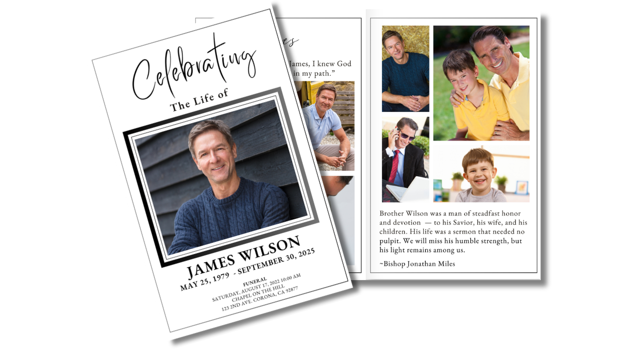 US Air Force funeral program front cover featuring patriotic red, white, and blue banner, framed portrait, and heartfelt tribute layout.