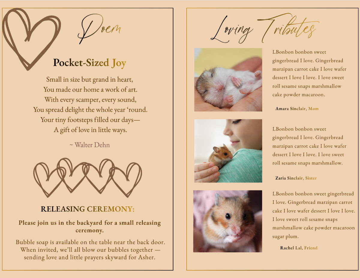 Poem and Loving Memories pages featuring the poem “Pocket-Sized Joy” alongside tribute messages from family members with photos of a beloved hamster.