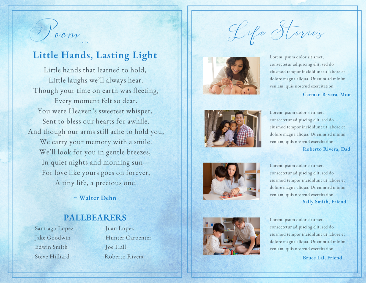Two-page life story spread with child and family photos, gentle blue borders, and comforting text honoring the child’s brief but meaningful life..