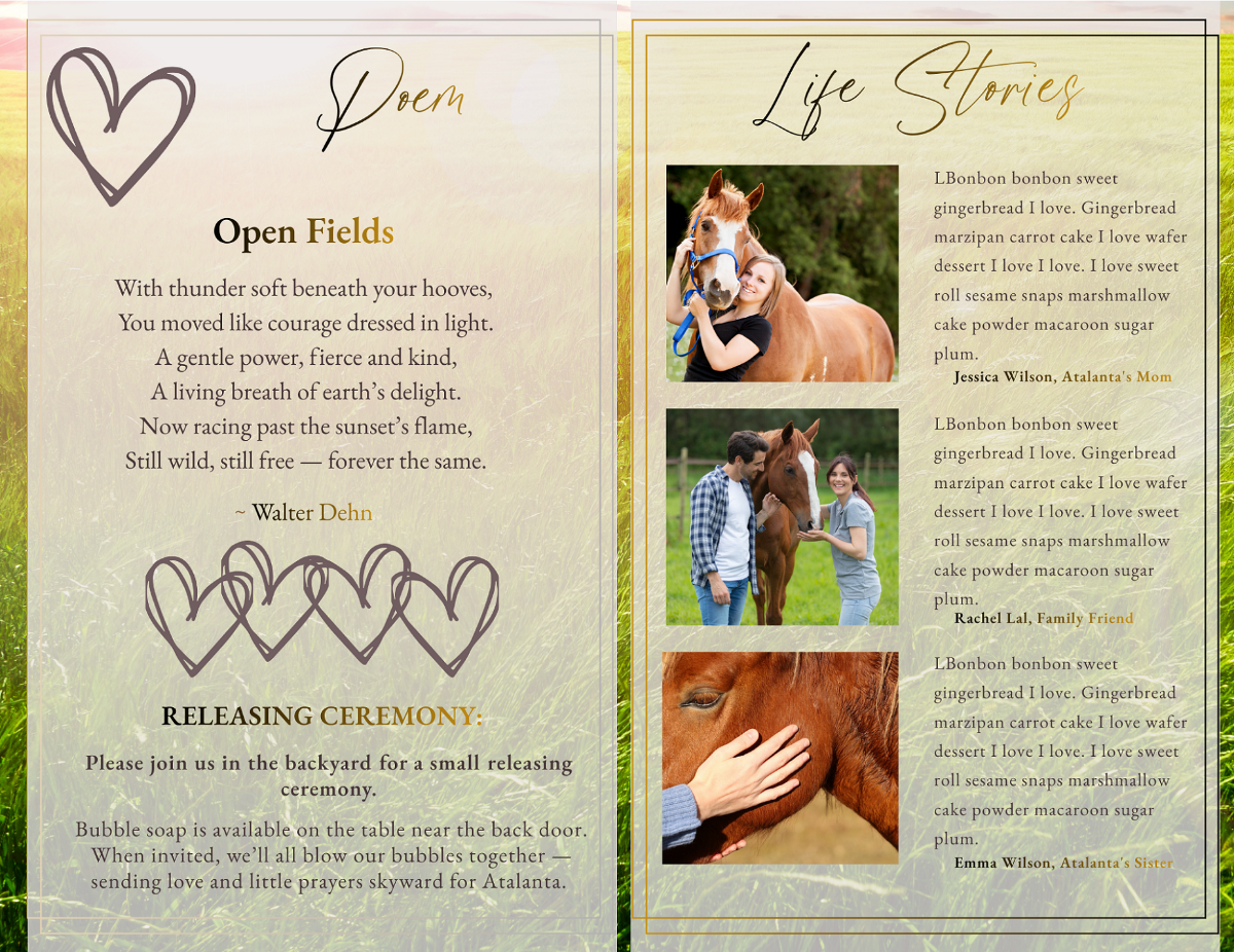 Poem and Life Stories pages featuring heartfelt tribute text, soft earth-toned backgrounds, and portrait photography of horse and owner sharing meaningful moments.