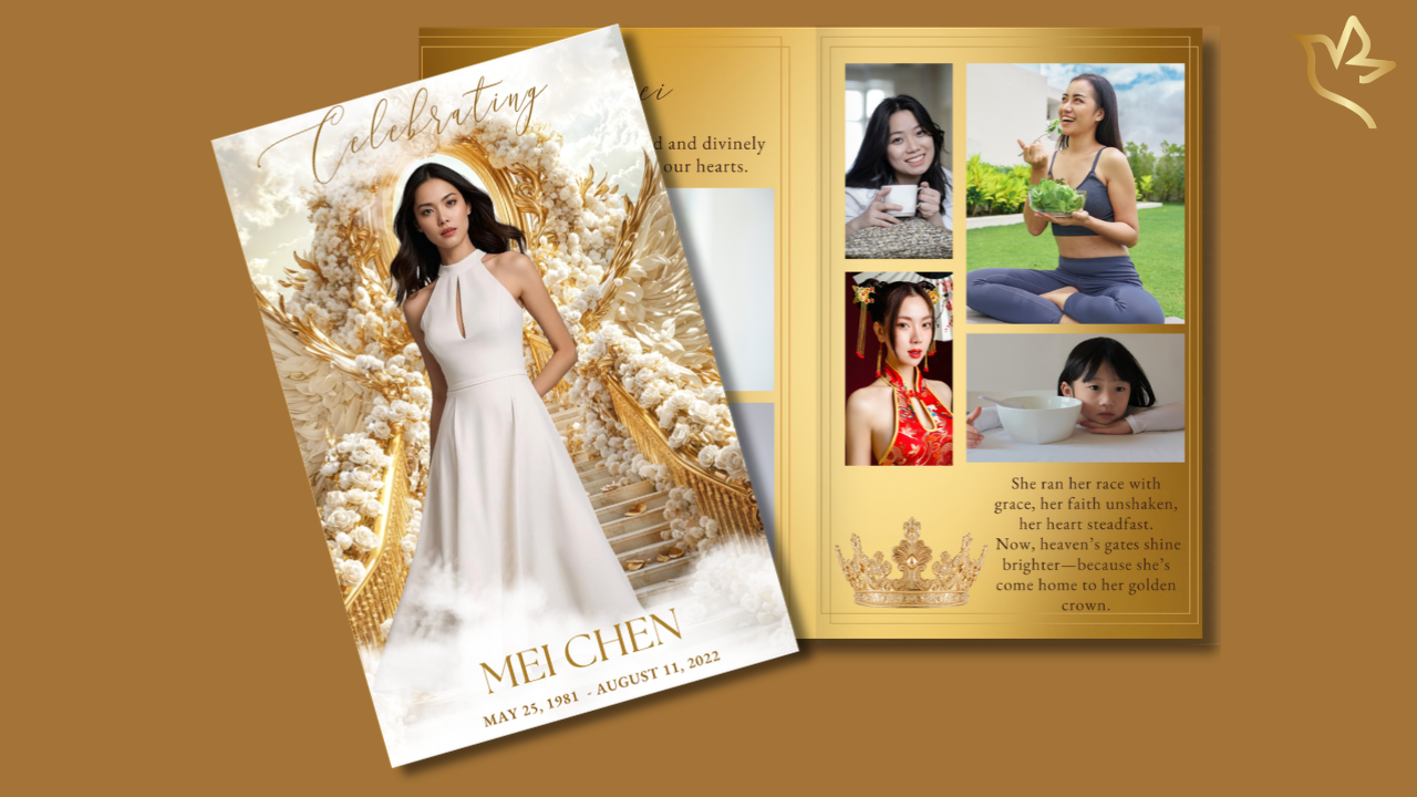 Elegant Celebrating funeral program template featuring golden angel wings, heavenly staircase imagery, photo collage layout, and memorial tribute sections designed to honor a beloved woman's life story and legacy.