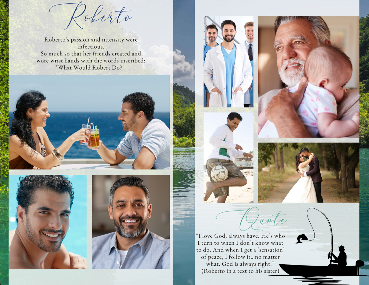 Photo collage and quote pages featuring boat lake fishing and outdoor memories.