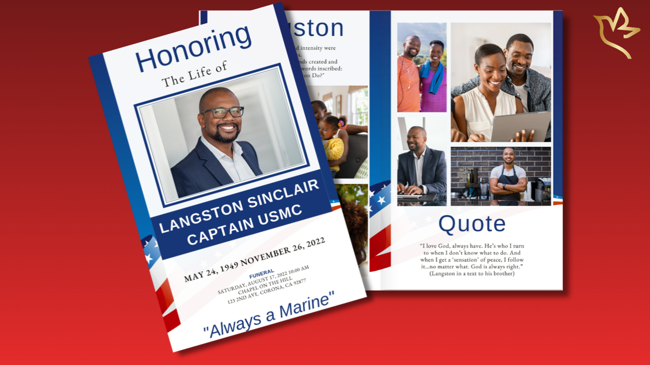 Patriotic funeral program template featuring red, white, and blue memorial design elements, veteran tribute layout, military service recognition, photo collage pages, and editable Canva funeral program sections honoring a life of faithful service.