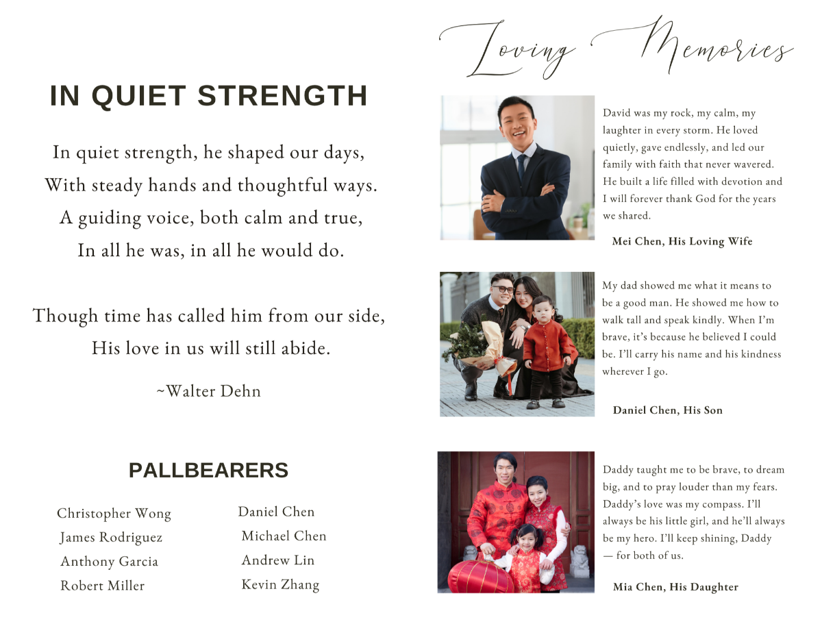 Pages featuring a heartfelt poem and personal tributes, designed to reflect a life of devotion, strength, and enduring love.
