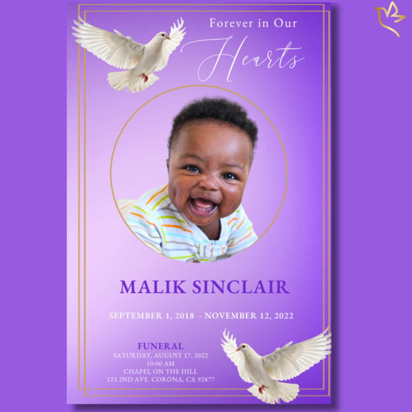 Resting on Gossamer Wings child funeral program cover featuring a soft purple gradient background with delicate gold borders, a smiling baby portrait inside a circular frame, white doves in flight, and a gentle “Forever in Our Hearts” script heading.