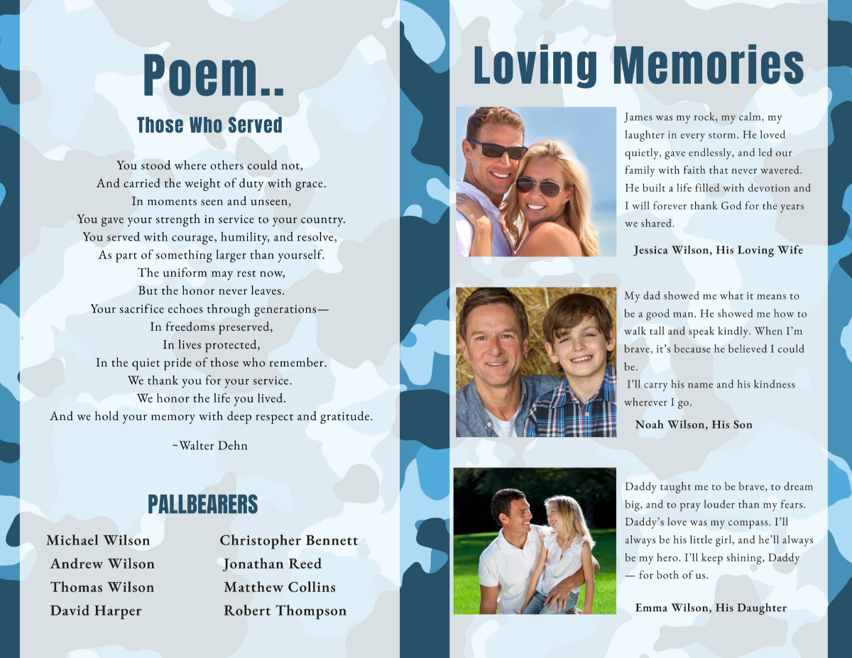 Poem and Loving Tributes pages featuring soft blue camo background, military font headers, and family tribute photos.