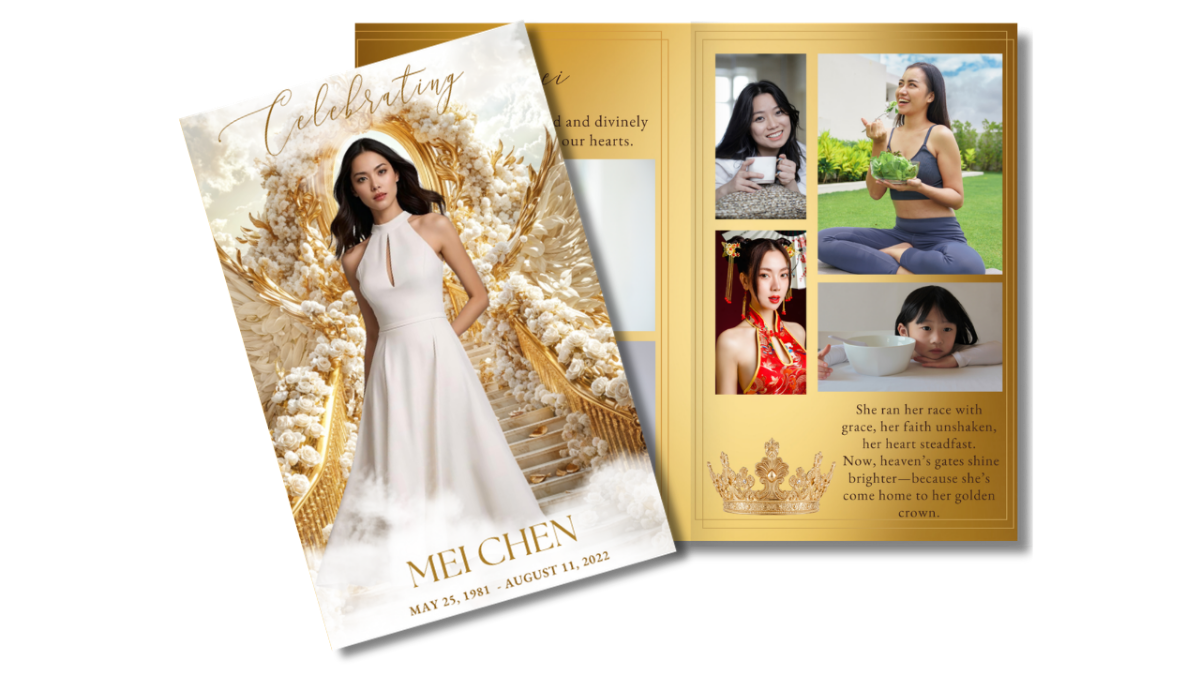 A simplified promotional image of the front cover design with open interior pages, showcasing the gold celestial theme, portrait, and title arranged for online listing display.