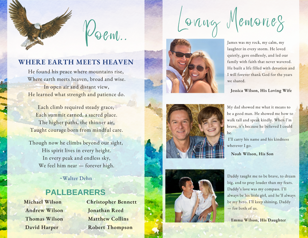Poem and tribute pages surrounded by mountain imagery and nature-inspired colors.