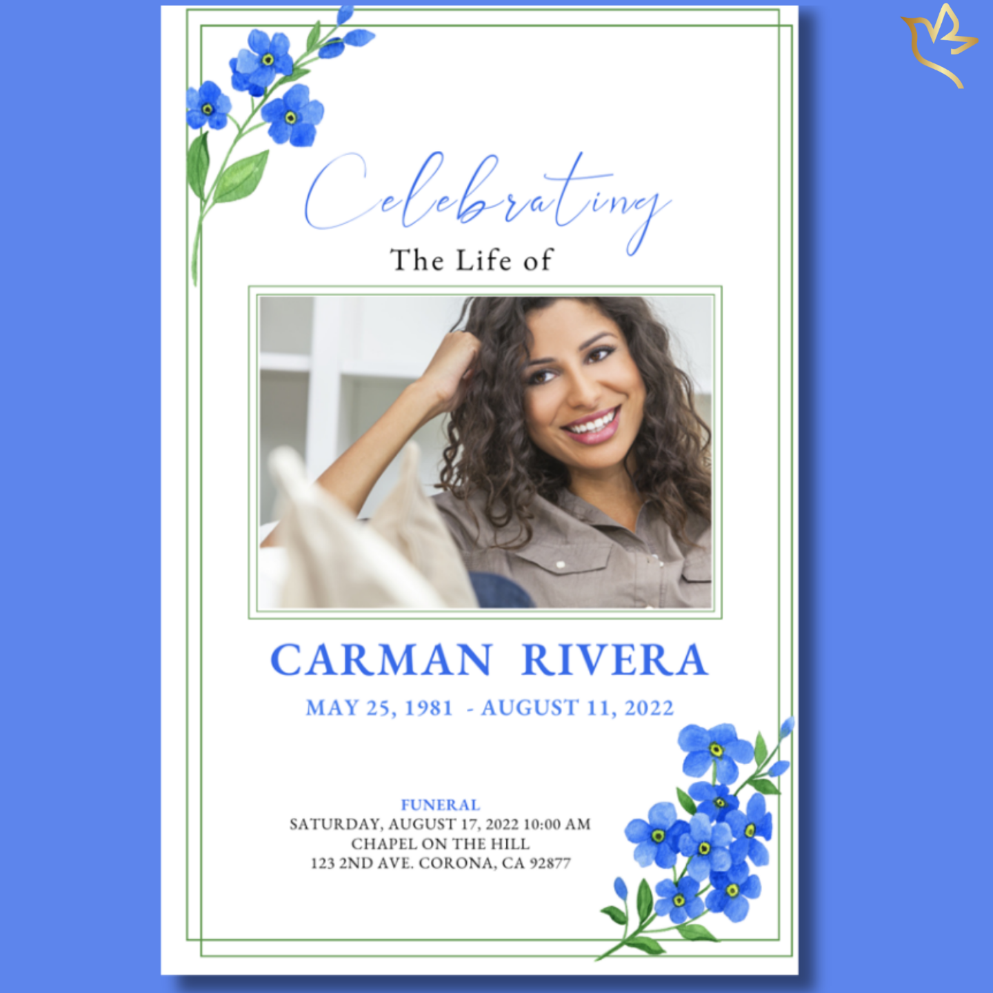 Front cover of Never Forgotten-Tender Forget Me Nots Funeral Program Template featuring smiling woman with soft blue floral border.