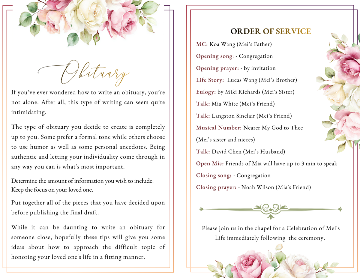Obituary and order-of-service spread with blush background, floral corners, structured service listing, and gentle serif text for easy reading.